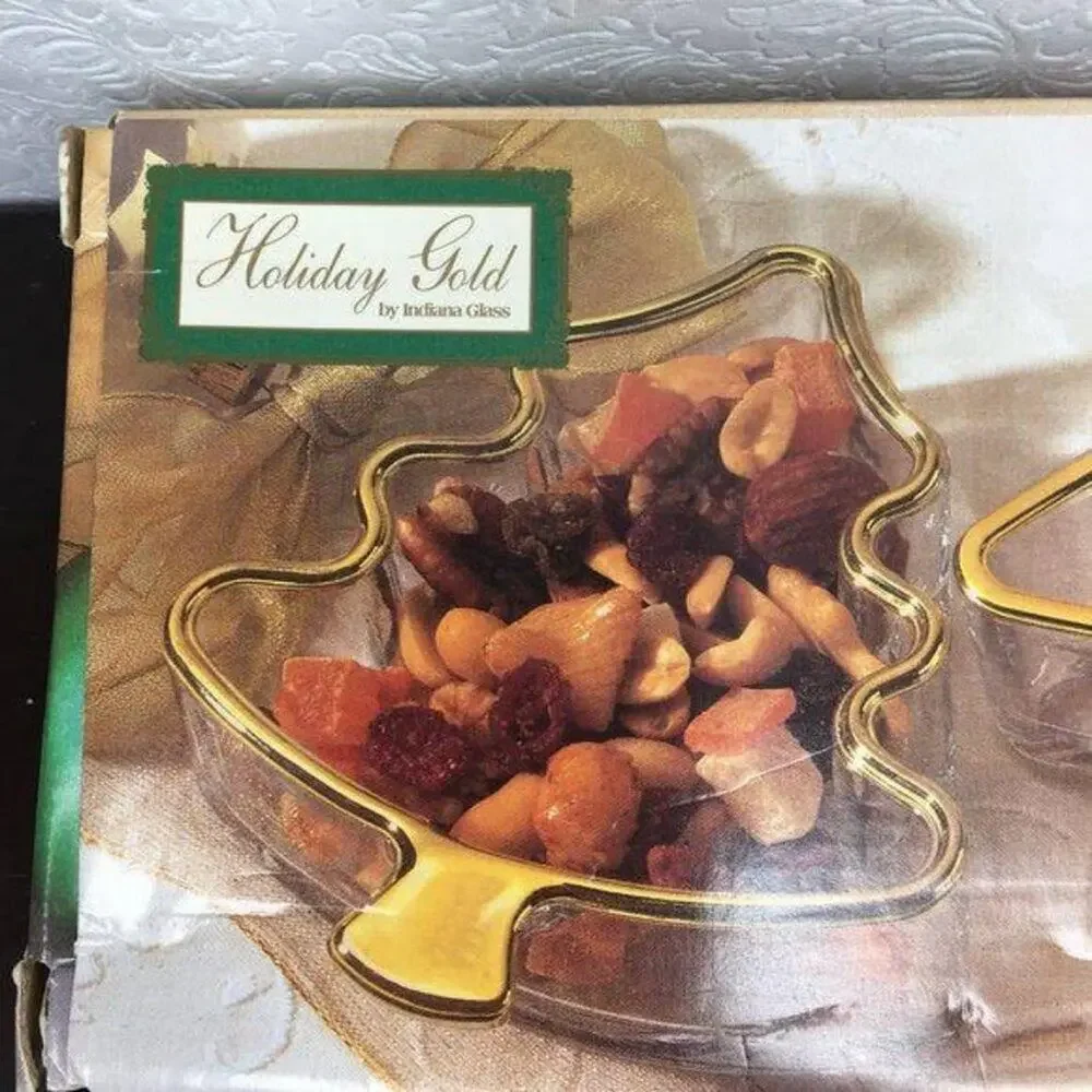 Indiana Glass 3 Piece Holiday Gold Party Set Vintage In Box Bell Tree Star